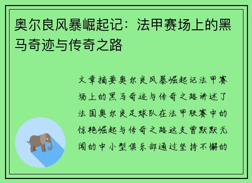 奥尔良风暴崛起记：法甲赛场上的黑马奇迹与传奇之路