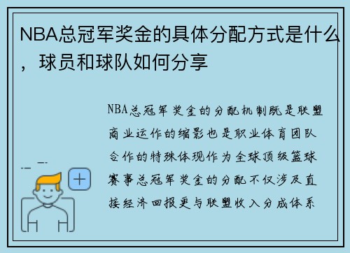 NBA总冠军奖金的具体分配方式是什么，球员和球队如何分享